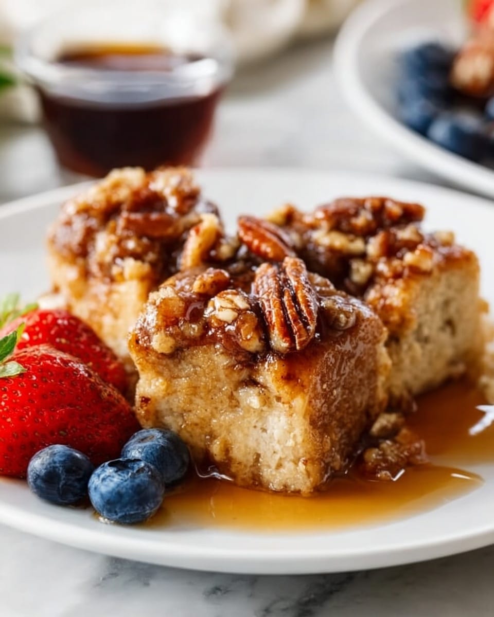 A white plate holds two thick, soft, golden brown bread pudding pieces with a slightly crunchy top, covered in a glossy layer of syrup. The pudding is sprinkled with small, crunchy pecans. On the side of the plate, a few fresh blueberries and a whole strawberry add a pop of color. The plate rests on a white marbled surface, and a small glass cup of dark syrup is blurred in the background. photo taken with an iphone --ar 4:5 --v 7