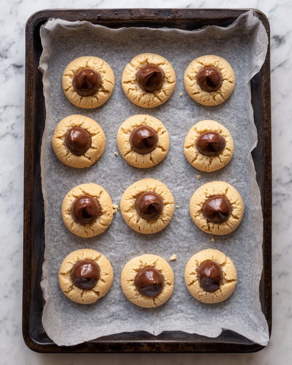 A baking tray lined with crumpled gray baking paper holds 11 round cookies arranged in four rows. Each cookie is light golden brown with small cracks on the surface, topped in the center with a smooth, shiny dark brown chocolate piece, giving a two-layer look. The tray is dark and contrasts with the cookies and paper, and the background beneath the tray is a white marbled surface. The image has a soft natural light, showing the texture of the cookies clearly photo taken with an iphone --ar 4:5 --v 7