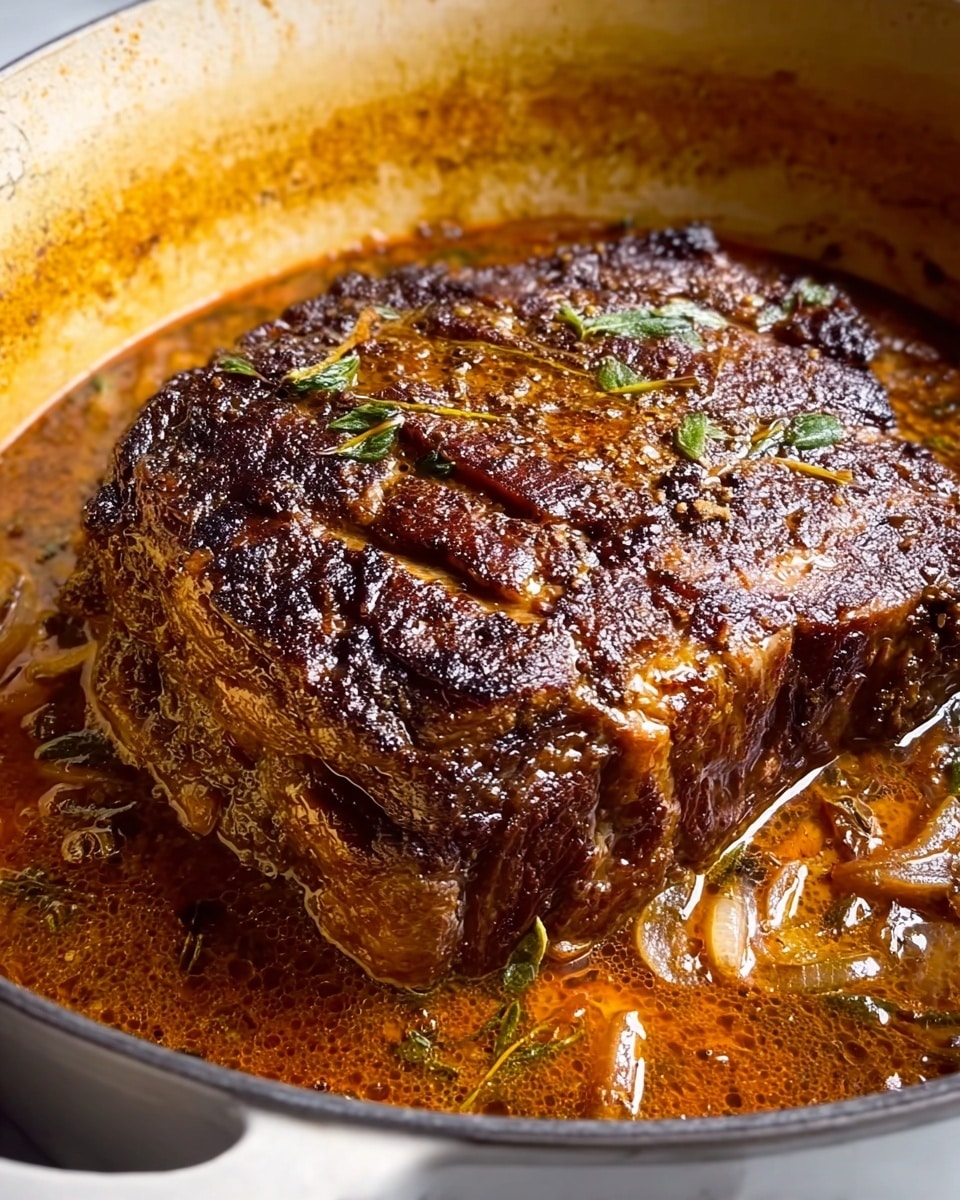 A large, thick piece of dark brown meat with a richly textured, slightly crispy crust sits in a deep white cooking pot filled halfway with a glossy, reddish-brown broth. The broth contains small pieces of soft, translucent onions and little green herb bits that float around the meat. The surface of the pot shows some cooked-on marks and a bit of shine from the liquid. Photo taken with an iphone --ar 4:5 --v 7