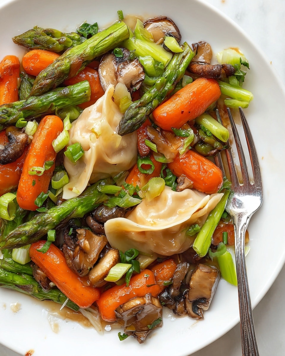 The image shows a close-up of a white plate with a mix of cooked vegetables and dumplings. The vegetables include bright orange carrot slices, green asparagus pieces, chopped green onions, and brown sautéed mushrooms. In the middle of the plate, there are two dumplings with light glossy skin, one of which is torn open to show a light filling inside. A silver fork is placed on the right side of the plate, partly under some vegetables. The dish sits on a white marbled surface. Photo taken with an iphone --ar 4:5 --v 7
