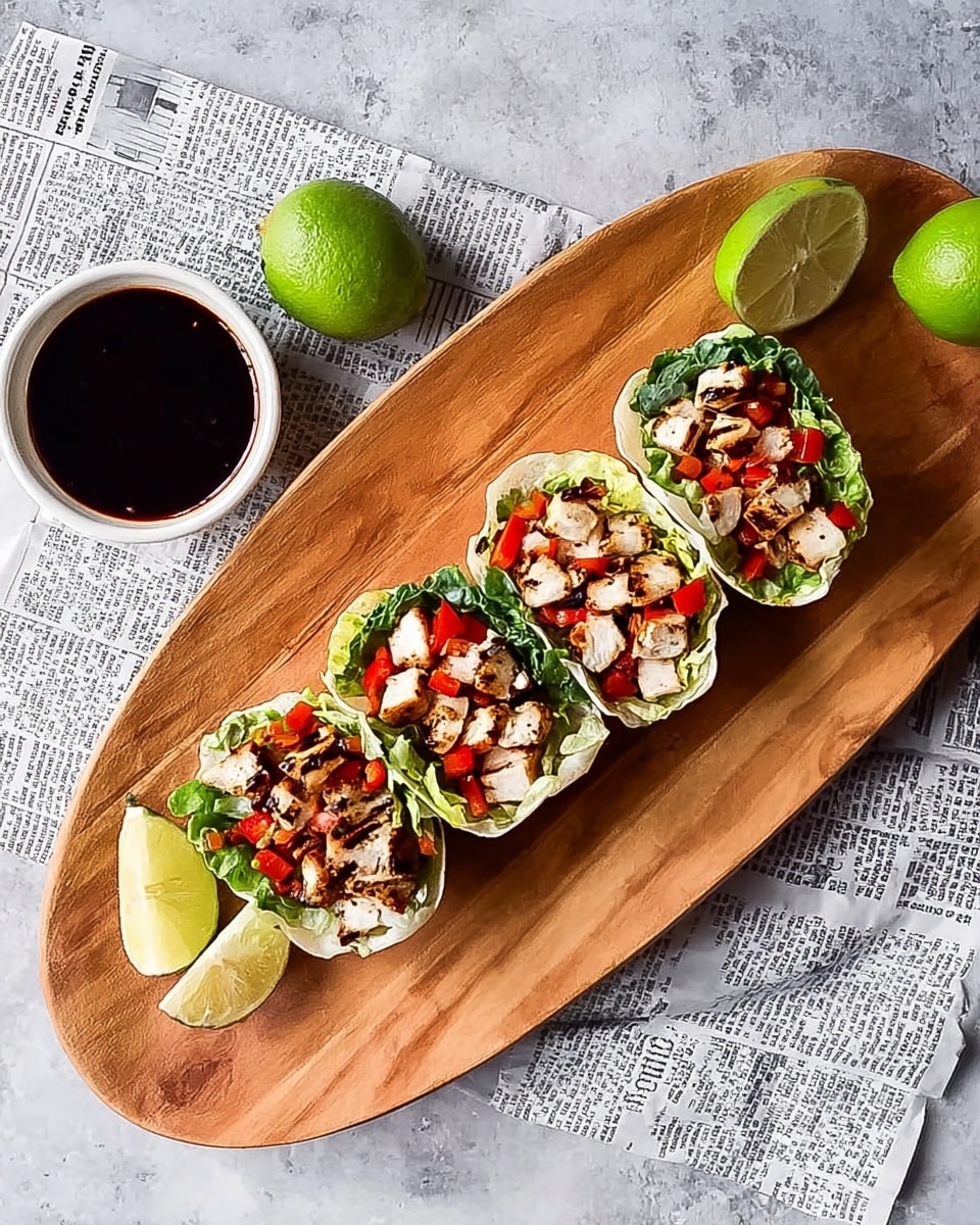 Four wrap pieces are placed side by side on an oval wooden board. Each wrap has a visible layer of green lettuce at the bottom, followed by a mix of red diced peppers, topped with small pieces of grilled white chicken with light brown grill marks. The wooden board is set on top of crumpled newspaper pages. To the upper left of the board, there is a small white bowl filled with dark sauce, next to a whole lime and a lime half. The surface underneath everything is a white marbled texture photo taken with an iphone --ar 4:5 --v 7