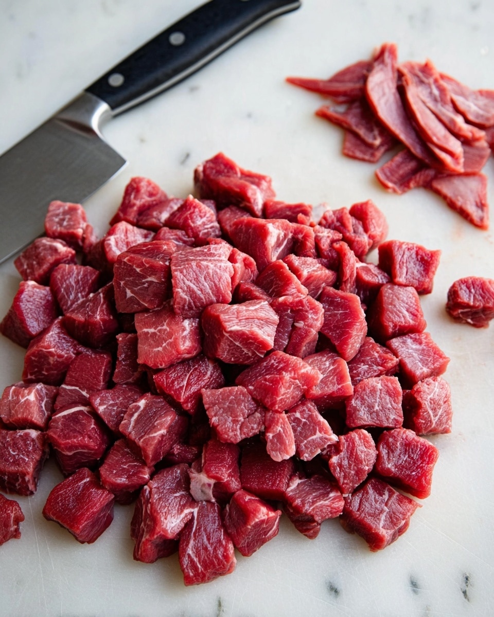 The image shows many small, red meat cubes piled on a white marbled surface, with some light marbling of fat visible in the meat. To the left side, there is a large knife with a black handle lying flat next to the meat cubes. On the right side at the top, there are a few slices of thin, pinkish meat strips. The overall colors are shades of red and pink from the meat over the white marbled texture background. photo taken with an iphone --ar 4:5 --v 7