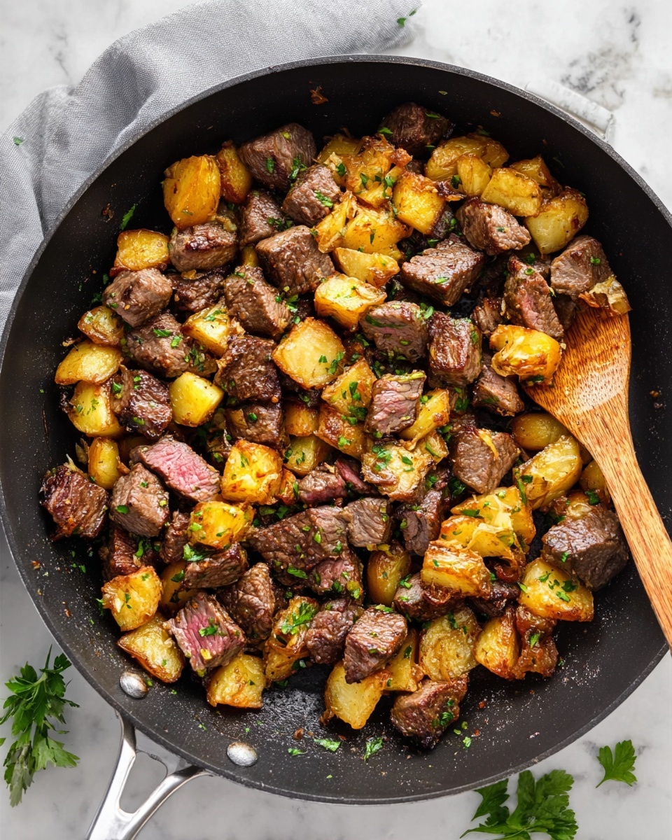 In a large black pan, there are many pieces of browned beef cubes mixed with golden, crispy potato chunks. The beef pieces have a seared texture with some pink in the middle, and the potatoes show a mix of soft yellow and darker crispy edges. Small bits of chopped green herbs are sprinkled evenly on top, adding a fresh touch. A wooden spoon is resting on the right side of the pan, partly covered by the food. The pan handle is visible, and the pan sits on a white marbled surface with a few green herb leaves around the edges. photo taken with an iphone --ar 4:5 --v 7