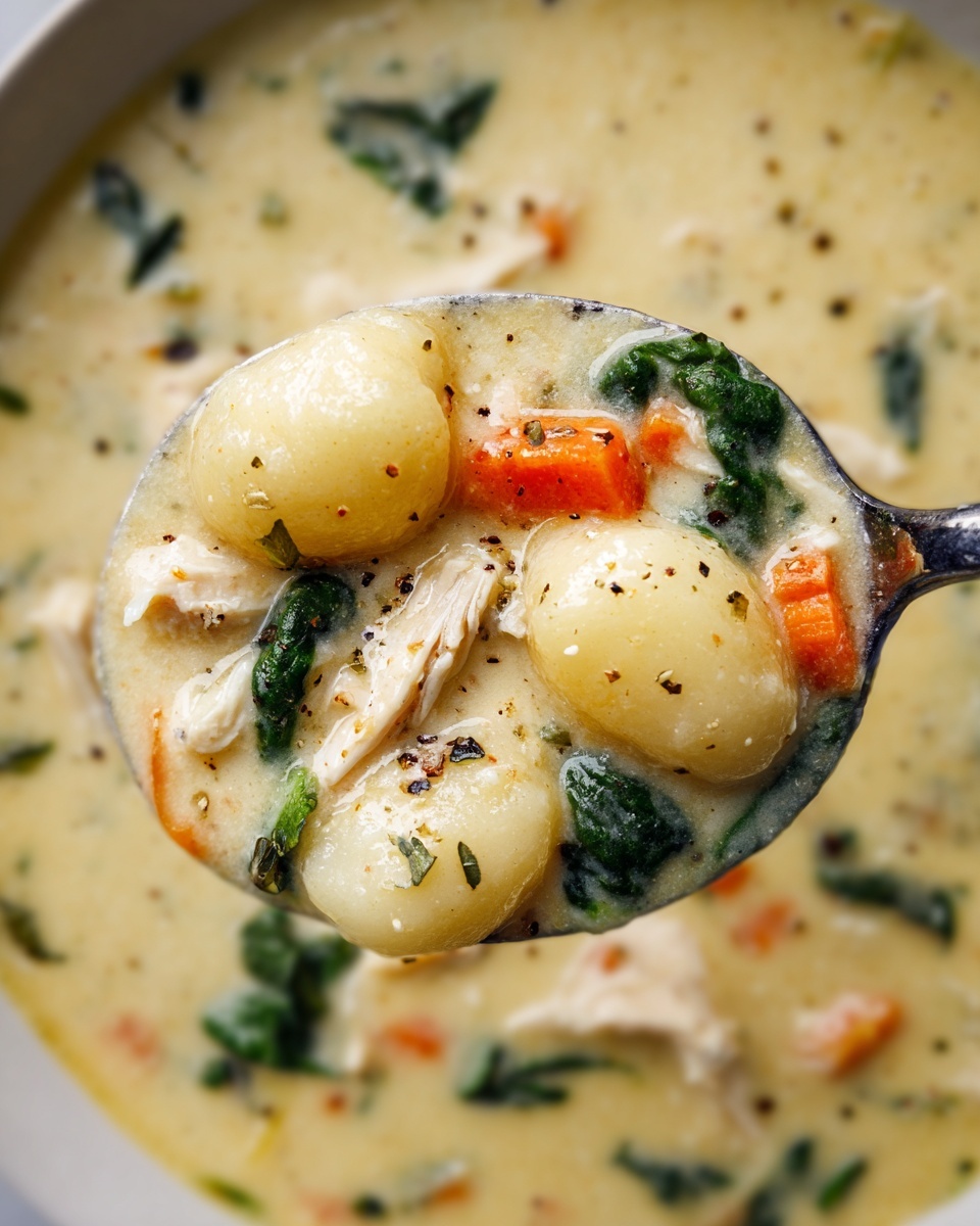 A close-up image of a creamy soup held in a spoon. The soup has three main layers: the top layer is a smooth, light yellow creamy broth sprinkled with small black pepper bits and herbs. The middle layer shows gnocchi, which are soft, round, pale yellow dough pieces with a slightly glossy texture. The bottom layer contains shredded white chicken, small bright orange carrot chunks, and dark green spinach leaves mixed within the creamy broth. The spoon is silver and full, hovering over a white marbled surface background. photo taken with an iphone --ar 4:5 --v 7