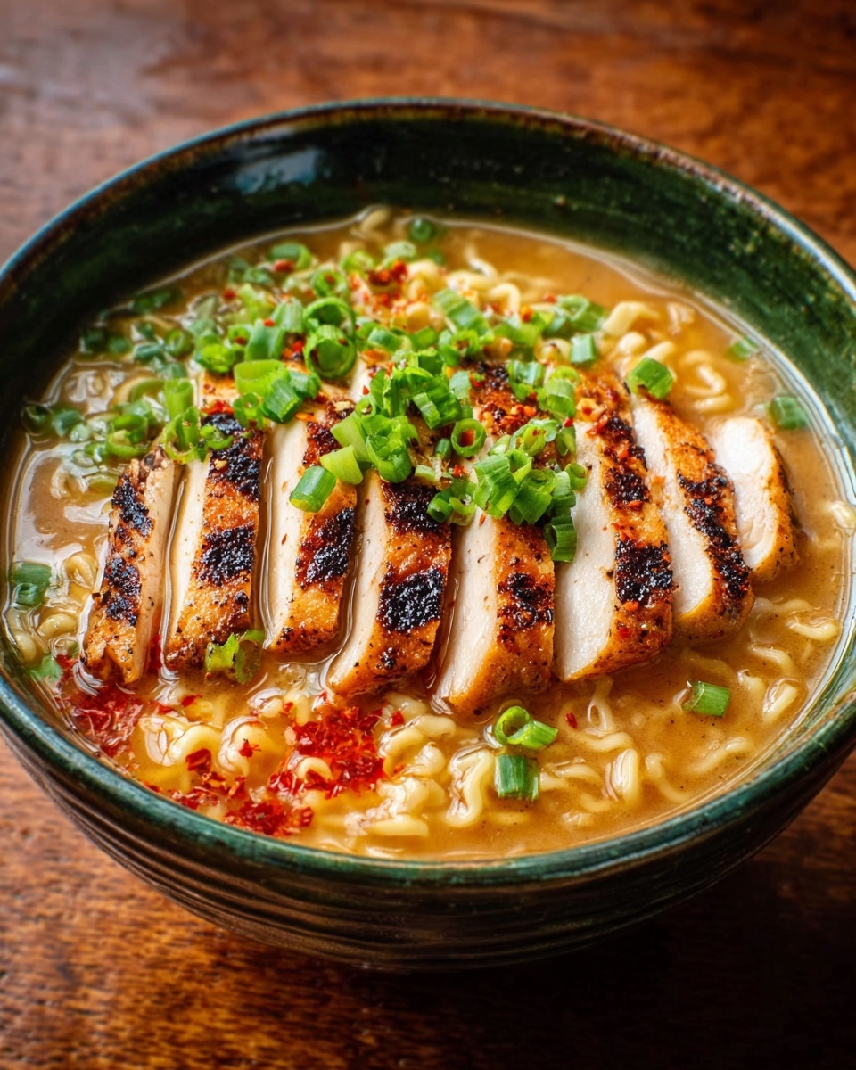 A dark green bowl filled with rich ramen noodles in light brown broth, topped with five slices of grilled chicken arranged in a row on one side. The chicken has brown grill marks and a slightly crispy texture. On top, there are small green chopped scallions scattered evenly, and a light drizzle of red chili oil adding a splash of red color. The bowl is set on a wooden surface. photo taken with an iphone --ar 4:5 --v 7