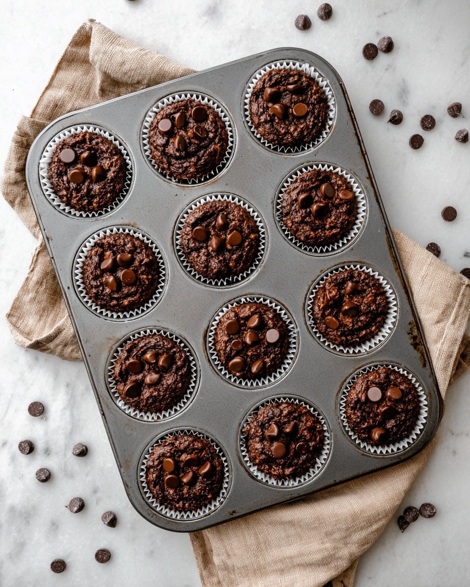 A metal muffin tray filled with twelve chocolate muffins before baking, each lined with white paper cups. The muffins show a thick, rough texture of dark chocolate batter topped with several dark chocolate chips scattered unevenly on the surface. The tray sits on a white marbled surface with a beige cloth partially visible beneath the tray on one side. Around the tray, a few loose chocolate chips are scattered on the white marbled background. The photo taken with an iphone --ar 4:5 --v 7