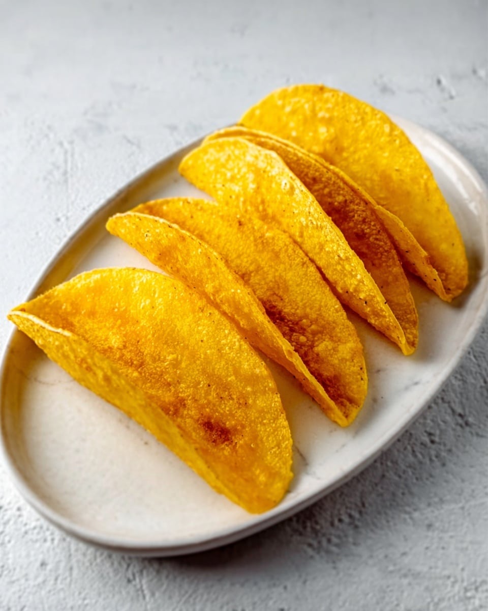 A white oval plate on a white marbled surface holds four pieces of taco shells lined up side by side. Each taco shell is golden yellow with a slightly crispy texture and light brown toasted spots on top. The shells have a curved shape, showing smooth and crunchy edges with some softness inside. The lighting highlights the warm color and rough surface of the shells. photo taken with an iphone --ar 4:5 --v 7