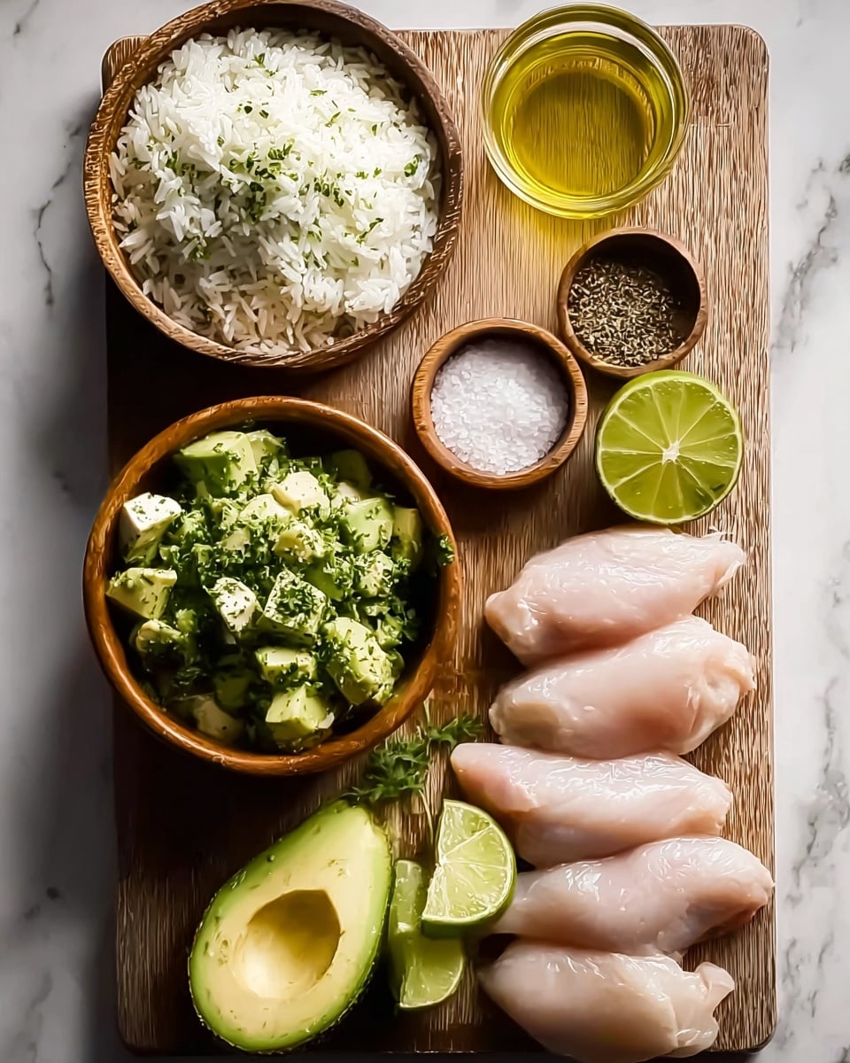 The image shows a wooden board placed on a white marbled surface, with several food items neatly arranged. On the left top corner, there is a wooden bowl filled with white rice mixed with small green herbs. Below it, another wooden bowl contains chopped avocado pieces mixed with chopped green herbs. Next to these bowls, there are three lime slices stacked next to two small wooden bowls, one with coarse salt and the other with black pepper. To the right of the bowls, there is a halved avocado with the seed still inside. Below this, four raw chicken pieces are placed in a neat row. At the top right corner of the board, there is a small glass container filled with yellow oil. The scene is bright and clear, showing textures and colors in detail, photo taken with an iphone --ar 4:5 --v 7