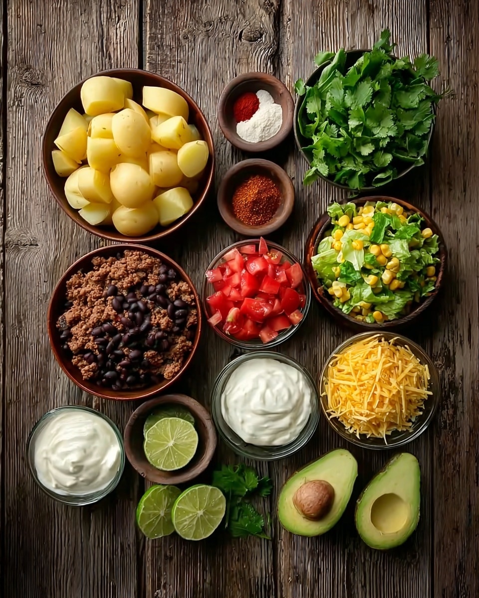 The image shows a top-down view of several small bowls and fresh ingredients arranged neatly on a rustic wooden surface. Starting from the top left, there is a large brown bowl filled with light yellow potato halves, next to a small divided bowl with red and white powders. To the right, a large bowl holds fresh green leafy herbs, and next to it a smaller bowl filled with chopped green lettuce mixed with yellow corn and purple onions. Below these, there is a round brown bowl with cooked ground meat, a small dark bowl with black beans, and another small clear bowl with shredded yellow cheese and corn. Two white bowls filled with smooth white sour cream or yogurt sit side by side, while a small brown bowl holds bright red diced tomatoes with green leaves beside it. Below the bowls are two halves of an avocado with green flesh and a brown pit, along with lime wedges and cilantro leaves. The wooden background contrasts with the colorful fresh ingredients, all placed clearly for a taco or Mexican-themed meal presentation. Photo taken with an iphone --ar 4:5 --v 7