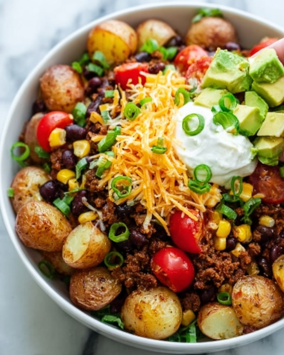 A white bowl filled with a colorful layered taco salad. The bottom layer has small, round roasted potatoes with light brown skin. On top of the potatoes is a layer of dark cooked ground beef mixed with black beans. Scattered over the beef and beans is bright yellow corn and thinly sliced green onions. There are two dollops of white sour cream near the center, surrounded by chunks of bright green avocado and halved red cherry tomatoes. The salad is topped with shredded orange cheese. The white bowl sits on a white marbled surface. A woman's hand is holding some of the avocado in the salad. Photo taken with an iphone --ar 4:5 --v 7