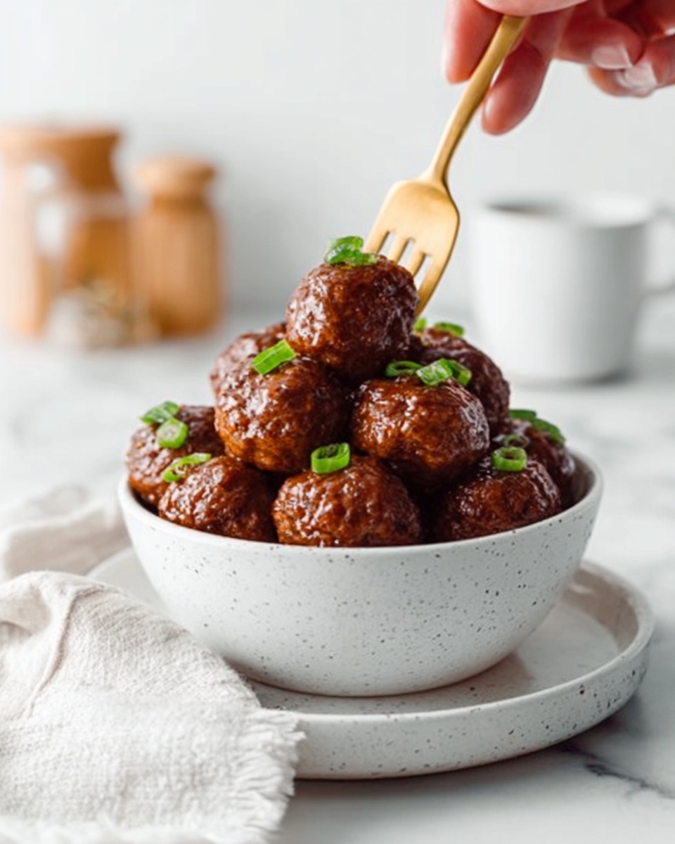 A white bowl filled with a stack of shiny brown meatballs topped with small green onion pieces. A woman's hand holding a gold fork is lifting one meatball from the top. The bowl sits on a white speckled plate, and the background is a white marbled surface with blurred small jars and a white cup in the distance. photo taken with an iphone --ar 4:5 --v 7
