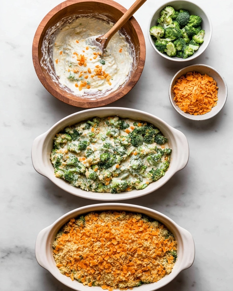 The image shows three steps of making a broccoli casserole on a white marbled surface. At the top, there is a wooden bowl filled with a creamy white mixture mixed with small orange bits, and a wooden spoon is stirring it. To the right, a white bowl holds fresh green broccoli pieces, and to the left, a small white bowl contains crushed orange chips. In the middle, an oval white dish is filled with a green and white mixture of broccoli and creamy sauce. At the bottom, the same white dish is covered with a layer of crushed orange chips sprinkled on top of the broccoli and creamy mixture. photo taken with an iphone --ar 4:5 --v 7