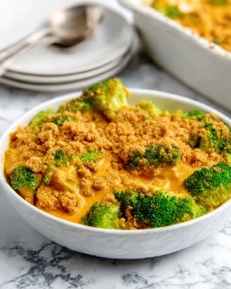 The image shows a white bowl filled with a layered dish of broccoli and cheese. The bottom layer is bright green broccoli florets with a soft texture, topped by a thick, creamy, orange cheese sauce that covers the broccoli evenly. On top, there is a golden-brown crumb crust that looks crunchy and scattered in small pieces. The background is a white marbled surface with a blurred white baking dish and a silver spoon partly visible. photo taken with an iphone --ar 4:5 --v 7