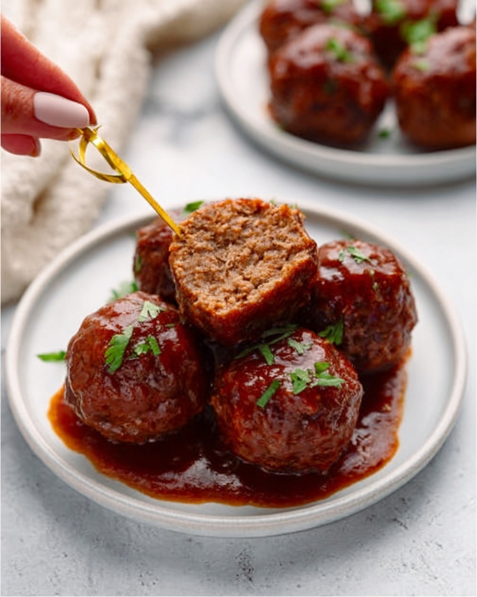 A white plate on a white marbled surface holds four shiny meatballs covered in a rich, dark reddish-brown sauce. One meatball is cut in half, showing a moist, light brown inside with a smooth texture. Small green herb leaves are scattered on top of the meatballs for garnish. A woman's hand holds a decorative gold pick stuck into the halved meatball. In the background, another white plate with more meatballs is slightly out of focus. Photo taken with an iphone --ar 4:5 --v 7