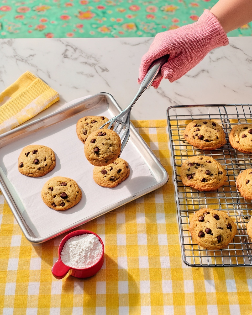 The image shows several golden brown cookies with large shiny dark chocolate chunks melted and oozing in the center. One cookie is broken, revealing a soft, chewy inside with gooey chocolate spreading out. The cookies are scattered on a white marbled surface with a few bits of white sea salt sprinkled on top of them, adding a touch of texture and color contrast. photo taken with an iphone --ar 4:5 --v 7