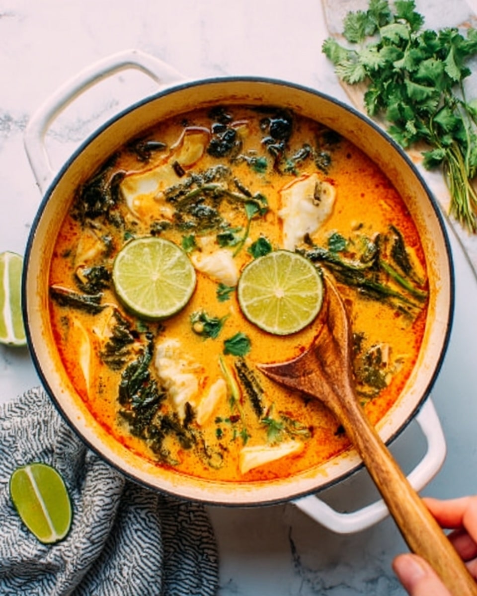 A white round pot filled with a creamy orange soup with leafy green vegetables and chunks of white fish. Lime slices float on top, adding a fresh green and yellow touch. A wooden spoon rests inside the pot, mixing the soup. The pot is on a white marbled surface with some green herbs and lime wedges nearby. A woman's hand holds the wooden spoon gently in the soup. Photo taken with an iphone --ar 4:5 --v 7