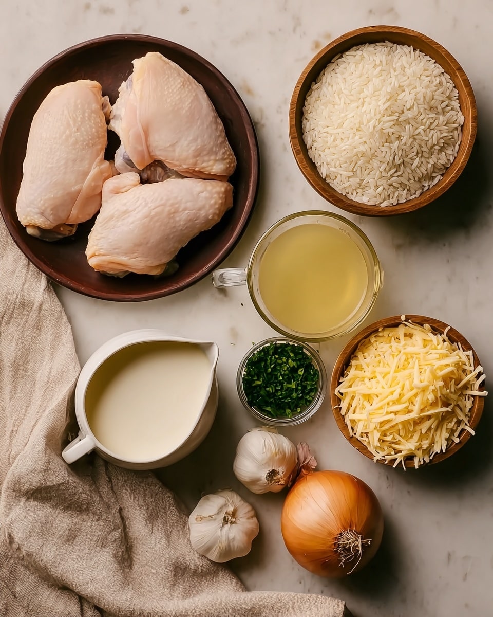 The image shows six main ingredients on a white marbled surface: three raw pale pink chicken pieces arranged on a dark brown round plate on the left, a small wooden bowl of white uncooked rice above the center, and a clear glass measuring cup of light yellow broth to the right. Below the rice is a white jug filled with smooth white cream, next to a bowl of shredded pale yellow cheese on the right. Below the chicken are two garlic cloves and a whole light brown onion, with a small bowl of finely chopped green herbs beneath the cream and cheese. A beige cloth napkin is placed on the bottom left corner. Photo taken with an iphone --ar 4:5 --v 7