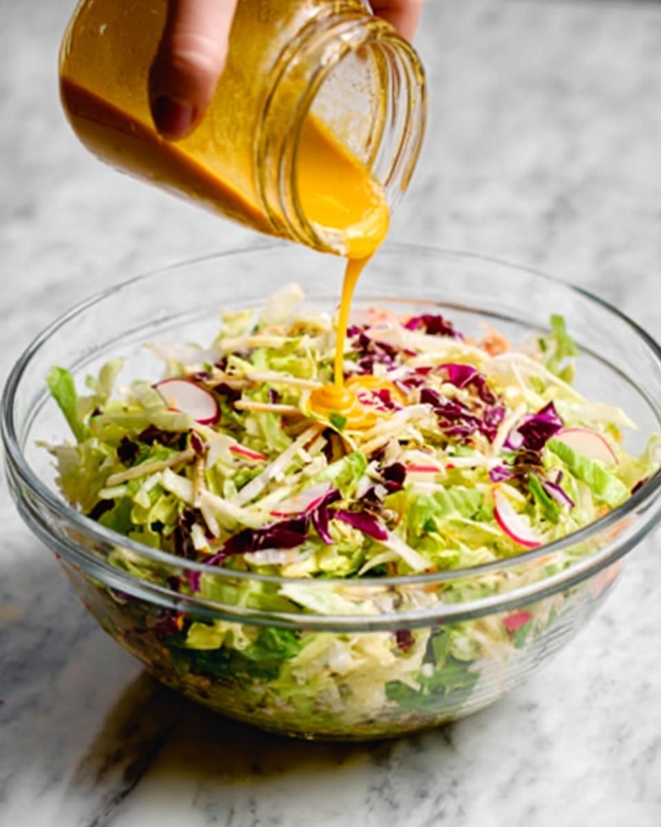 A clear glass bowl filled with a fresh cabbage salad that has shredded green and purple cabbage, thin slices of radish, and some light green cabbage pieces mixed together. On top, a woman's hand is pouring a bright orange dressing from a small glass jar over the colorful salad. The bowl is placed on a white marbled surface. The scene is bright and focused on the vibrant colors and textures of the cabbage and dressing photo taken with an iphone --ar 4:5 --v 7