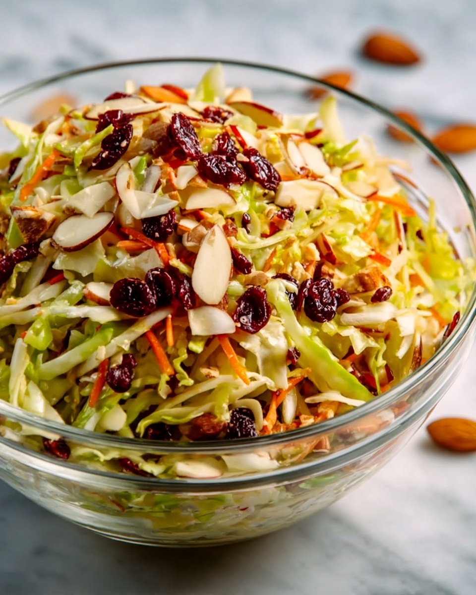 A clear glass bowl filled with a colorful salad that has many thin layers: the bottom and middle layers are mostly light green shredded cabbage mixed with thin orange carrot strips; scattered on top are dark red dried cranberries, light brown whole and sliced almonds, and thin white almond slices, adding texture and color contrast. The salad looks fresh and crisp with a variety of textures. The bowl sits on a white marbled surface. photo taken with an iphone --ar 4:5 --v 7