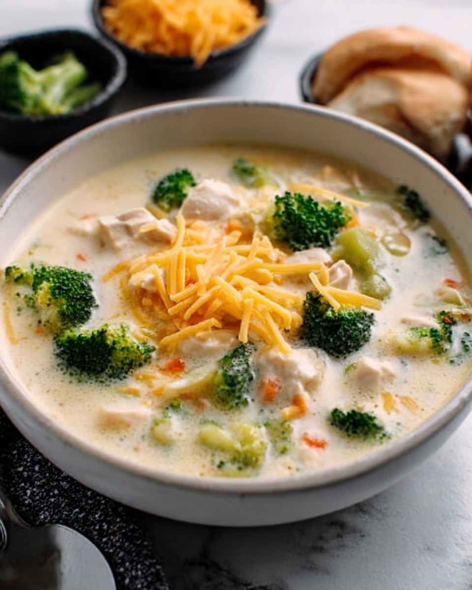 A white bowl filled with creamy soup that has small green broccoli pieces and orange shredded cheese on top, with visible chunks of light-colored chicken or similar meat in the creamy broth. The cheese is sprinkled over the middle part of the soup, melting slightly into the top layer. The bowl sits on a white marbled surface, with some shredded cheese and other small dishes partially seen in the blurred background. photo taken with an iphone --ar 4:5 --v 7
