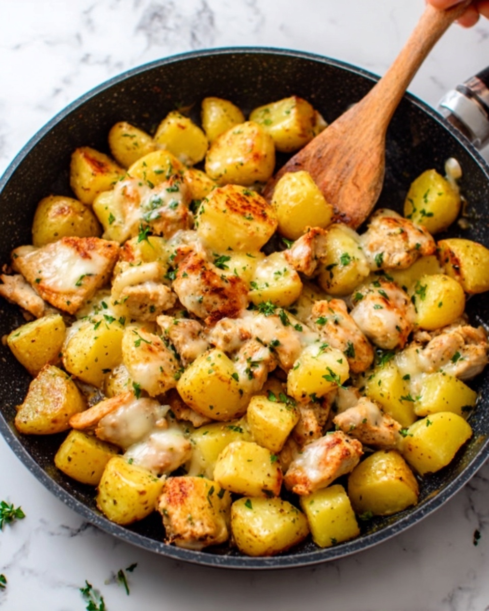 The image shows a black pan filled with golden roasted potato pieces and browned cooked chicken pieces mixed together. The potatoes are small, cut into bite-size chunks with a crispy golden-yellow outside, and the chicken pieces have a light brown color with some white creamy sauce melted over them. Small green herb leaves are sprinkled evenly on top, adding a touch of fresh color. The pan is placed on a white marbled surface. A woman's hand is holding a light wooden spatula stirring the food. photo taken with an iphone --ar 4:5 --v 7