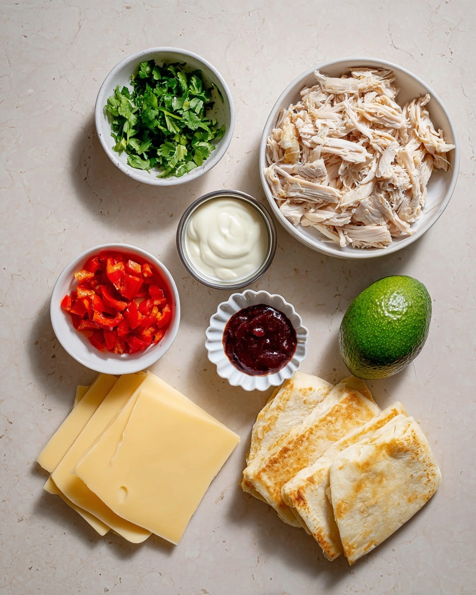 The image shows a flat white marbled surface with several ingredients arranged neatly. There is a white bowl at the top right filled with shredded cooked chicken pieces, light beige with a slightly crispy texture. Below it, a small white bowl contains chopped fresh green herbs with a rough texture. To the left of the herbs, there is a small white bowl with bright red chopped bell peppers with a shiny and smooth texture. Above the peppers, a small round silver container holds a dollop of thick white sauce with a creamy texture. Below the chicken bowl, closer to the center, a small white scalloped dish holds dark red sauce with a smooth, thick texture. On the left side, there are three large slices of pale yellow cheese with smooth edges stacked slightly overlapping. At the bottom right, there are two rectangular pieces of light golden flatbread with a soft, slightly textured surface. A whole green avocado with brown spots rests next to the flatbread. photo taken with an iphone --ar 4:5 --v 7