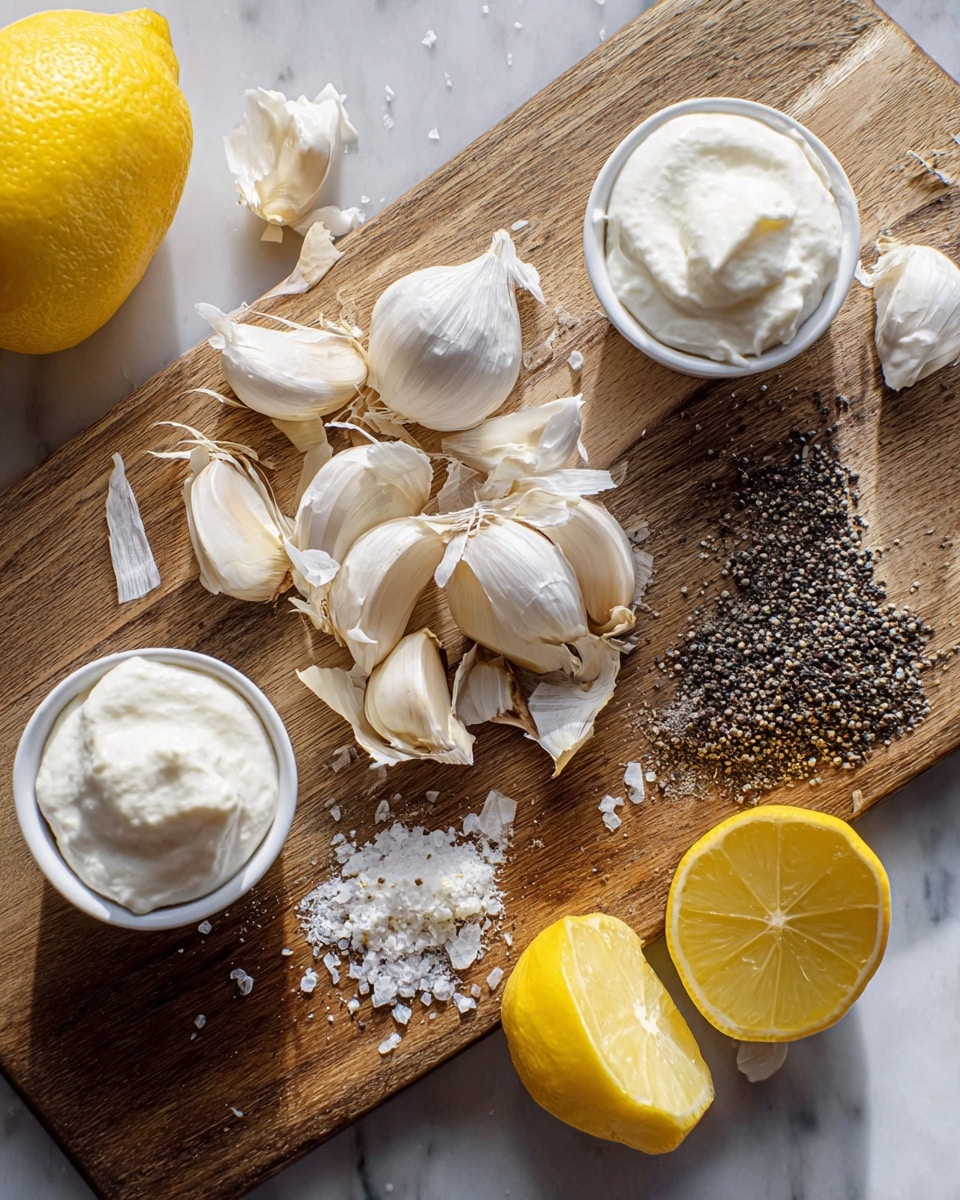 The image shows a wooden board placed on a white marbled surface with several cooking ingredients neatly arranged. In the center, there is a cluster of garlic cloves still in their papery skin, with some loose peel scattered around. To the right of the garlic, there are small piles of black pepper and salt side by side. Two halves of a bright yellow lemon are placed on the lower right side of the board. On the left and right edges of the board, there are two small white bowls filled with soft, creamy white mixtures, likely sour cream or mayonnaise. A whole lemon is partially visible on the left side just outside the board. The overall scene is well-lit and clear, showing the freshness and detail of the ingredients. photo taken with an iphone --ar 4:5 --v 7