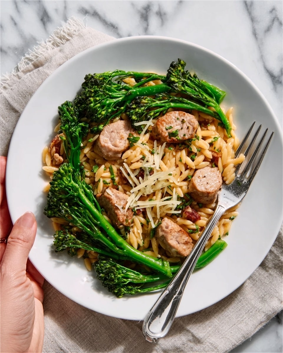 A white plate shows a pasta dish with three layers: at the bottom is a bed of golden-brown orzo pasta, slightly glossy, spread evenly across the plate. On top of the pasta, there are green broccolini pieces with thick stalks and small florets arranged around the edges. Scattered in the middle are slices of cooked meat with a light brown color and some reddish hints inside. The dish is sprinkled with thin, pale yellow shredded cheese or similar topping. A silver fork is placed on the right side of the plate, and a woman's hand holds the plate from the left. The plate rests on a white marbled surface with a soft cloth in the background. photo taken with an iphone --ar 4:5 --v 7
