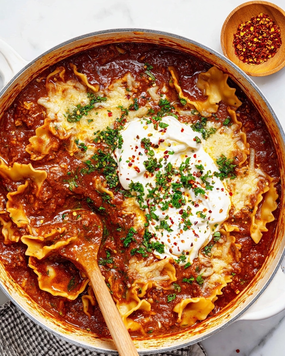 A large white pot holds a rich, thick red-brown sauce with wide, wavy-edged pasta pieces partly submerged. On top, there are melted white and yellow cheese layers that look soft and creamy. A dollop of white creamy cheese with red chili flakes and chopped green herbs sits near the center. Fresh chopped green herbs are scattered over the cheese and sauce for contrast. A wooden spoon rests in the pot’s bottom right, partially stirring the sauce. The pot is placed on a white marbled surface, with a small wooden bowl of red chili flakes in the top right corner. Photo taken with an iphone --ar 4:5 --v 7