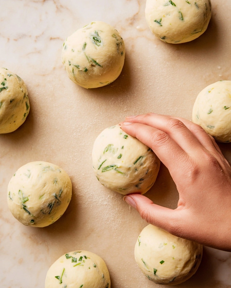 A close-up image shows eight round dough balls with green herb pieces inside, spaced out on a beige textured surface. A woman's hand presses gently on one dough ball in the center, showing the dough’s soft texture. The dough balls are smooth and light cream in color with small green herb bits evenly spread throughout. The background is a white marbled texture, softly lit from above, highlighting the dough’s smooth and slightly bumpy surface. photo taken with an iphone --ar 4:5 --v 7