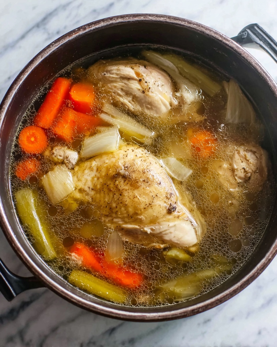 The image shows a dark metal pot filled with clear broth and several large pieces of cooked chicken, including one big piece and two smaller ones, all lightly browned and sitting near the center. Inside the broth, there are bright orange carrot chunks, celery sticks, and translucent onion layers scattered around the chicken. The broth has small bubbles and a light oily sheen on the surface, giving it a fresh cooked look. The pot is placed on a white marbled surface. photo taken with an iphone --ar 4:5 --v 7