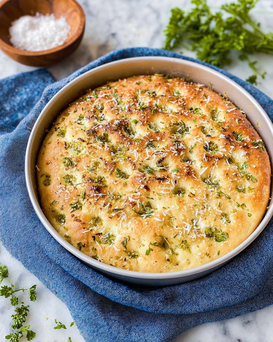 The dish shows a round focaccia bread in a light silver baking pan, sitting on a blue cloth. The bread has one visible thick layer with a golden-brown, slightly shiny crust. The top is decorated with small dimples filled with chopped green herbs and bits of toasted garlic or seasoning. There are some white grated cheese flakes spread evenly across the surface, and light green parsley pieces scattered on top. The pan is placed on a white marbled surface with a wooden bowl of coarse salt and green parsley leaves in the background. Photo taken with an iphone --ar 4:5 --v 7