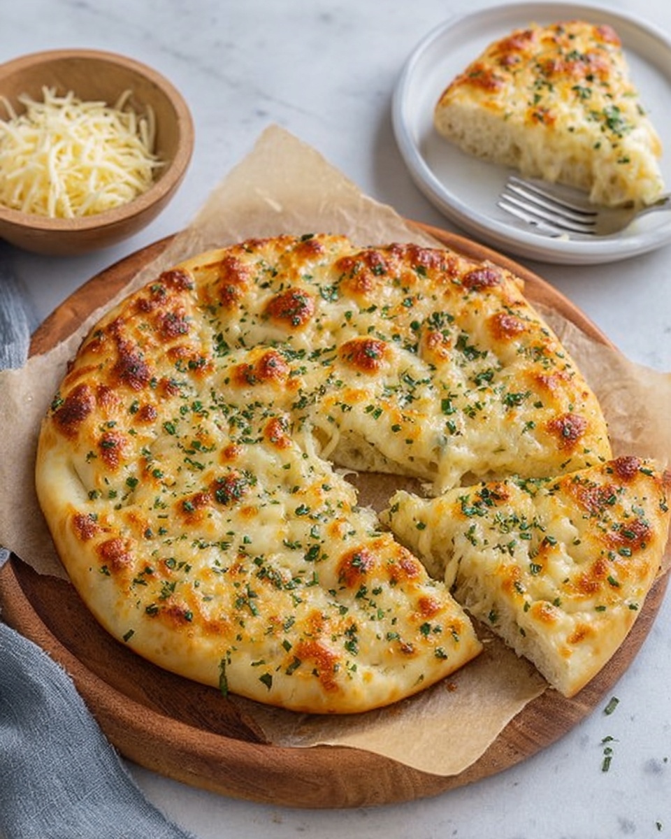A round thick flatbread with a golden brown top layer that is bubbly and melted with cheese, sprinkled with green herbs. The bread is placed on light brown parchment paper on a wooden round board, and one slice has been taken out and put on a white plate. The slice shows a fluffy, soft interior with melted cheese inside. A fork is beside the plate, and a brown bowl with shredded cheese is visible in the background. The surface is white with a soft marbled texture. Photo taken with an iphone --ar 4:5 --v 7