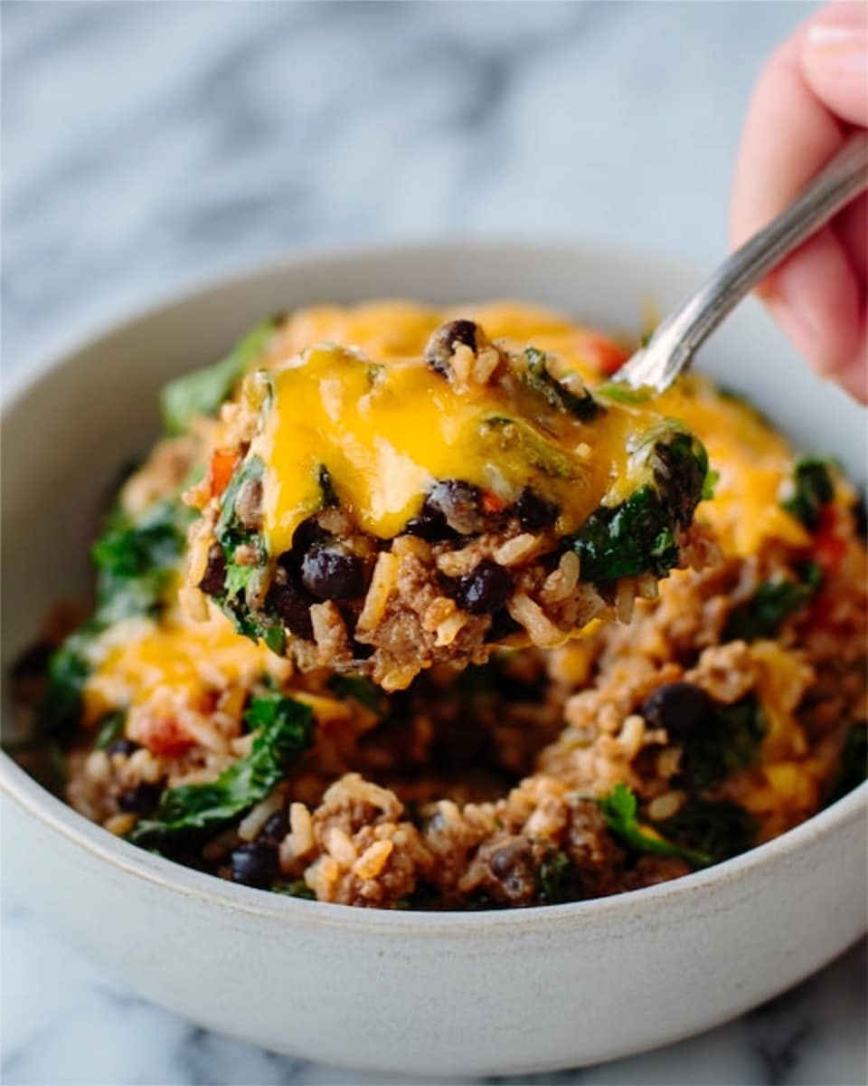 A close-up of a white bowl filled with a layered dish showing cooked rice mixed with black beans, pieces of cooked ground meat, and chopped green leafy vegetables. The top layer is covered with melted yellow cheese that looks soft and creamy. A woman's hand is holding a spoon scooping a generous portion of the dish out of the bowl. The background features a white marbled texture. photo taken with an iphone --ar 4:5 --v 7