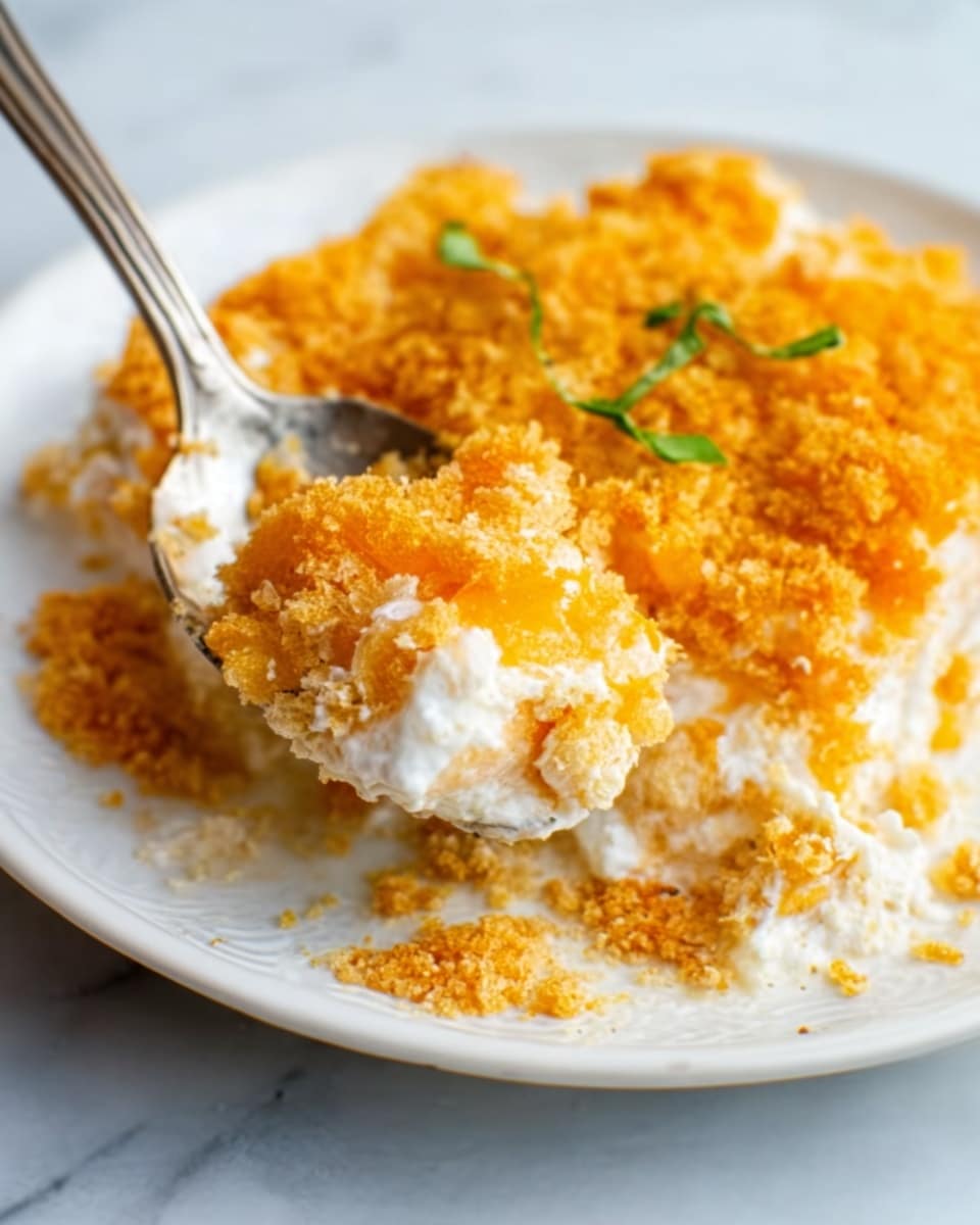 A white plate on a white marbled surface holds a dish with two layers. The bottom layer is white and creamy with small chunks, topped by a thick, golden-orange crumbly layer that looks crunchy. There are a few small green herbs scattered on top for color. A silver spoon is scooping a portion from the edge, showing the creamy inside and the crumbly top together. The focus is close-up, showing the texture clearly. Photo taken with an iphone --ar 4:5 --v 7