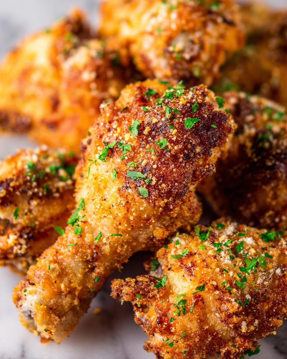 The image shows a close-up of several golden brown fried chicken drumsticks, piled together with a crispy texture. Each drumstick has a crunchy coating with small pieces of seasoning and cheese sprinkled all over, adding a rough, crumbly look. Bright green chopped herbs are scattered on top, giving a fresh contrast to the warm tones of the chicken. The chicken pieces sit on a white marbled surface that softly blurs into the background, emphasizing the rich colors and textures of the drumsticks. photo taken with an iphone --ar 4:5 --v 7