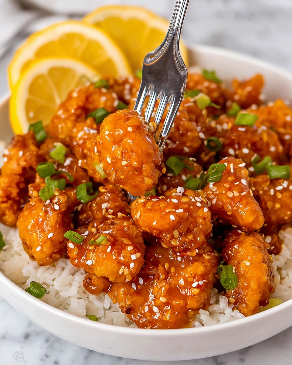 The image shows a white bowl filled with white rice as the bottom layer, topped with many pieces of bright orange, saucy fried chicken bites covered in a shiny sauce. On top of the chicken, there are small green chopped scallions and white sesame seeds scattered evenly. Two lemon slices are placed on the edge of the bowl, behind the chicken. A silver fork is holding one piece of chicken above the bowl. The background is a white marbled texture. photo taken with an iphone --ar 4:5 --v 7