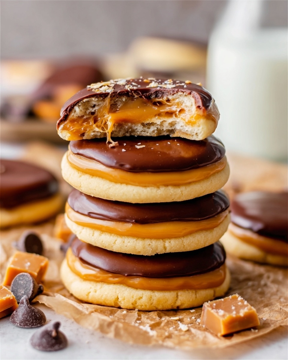 The image shows a stack of four round cookies on crinkled parchment paper. Each cookie has a smooth, shiny chocolate layer on top with a glossy finish, and a creamy light yellow caramel layer in the middle. The edges of the cookies are light golden brown with a soft texture. Some small dark chocolate chips and caramel candy pieces are scattered around the stack. A glass of milk is blurred in the white marbled background. A woman's hand with light skin is holding the top cookie that has a bite taken out of it, revealing the creamy interior layers inside. Photo taken with an iphone --ar 4:5 --v 7
