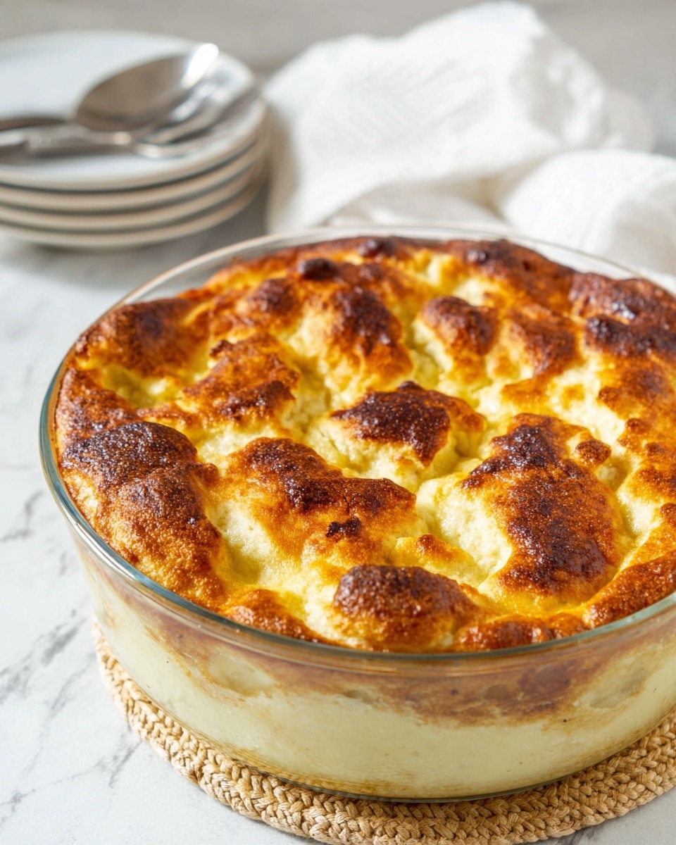 A round clear glass baking dish holds a baked dish with a golden brown, slightly puffy top layer showing uneven puffed sections with darker browned spots on the surface. The sides reveal soft, light yellow layers of the dish beneath the browned top. The dish sits on a light-colored woven coaster on a white marbled surface with a blurred white cloth and some stacked spoons in the background. photo taken with an iphone --ar 4:5 --v 7