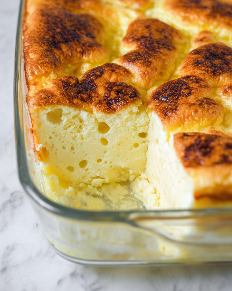This image shows a thick, soft yellow baked dish in a clear glass baking dish. The top layer is browned with darker spots, giving a textured, slightly crispy look. Inside, the dish is a pale creamy yellow with a smooth, airy texture, and some small holes are visible, showing fluffiness. One piece is cut out, revealing the inside clearly. The dish sits on a white marbled surface. photo taken with an iphone --ar 4:5 --v 7