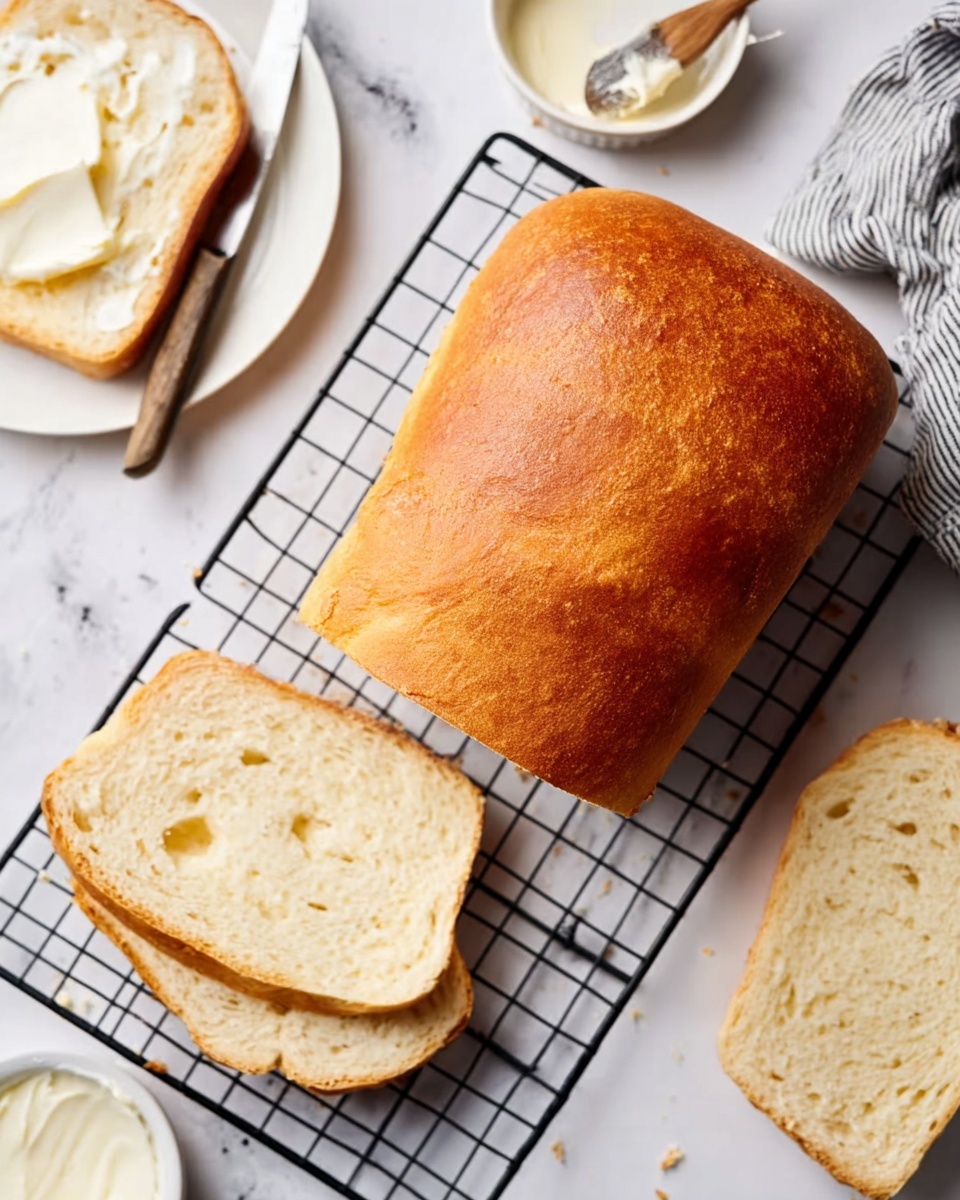 The image shows a golden brown loaf of bread resting on a black wire cooling rack placed on a white marbled surface. One slice of the bread is cut and laid flat nearby, showing the soft, white inside with small even holes. To the top left, a white plate holds a slice of bread spread with creamy butter, and a butter knife with a black handle lies beside the plate. A small white butter dish with a wooden butter spreader is also visible near the top right corner. The lighting highlights the bread’s crust texture and the softness of the sliced piece. photo taken with an iphone --ar 4:5 --v 7