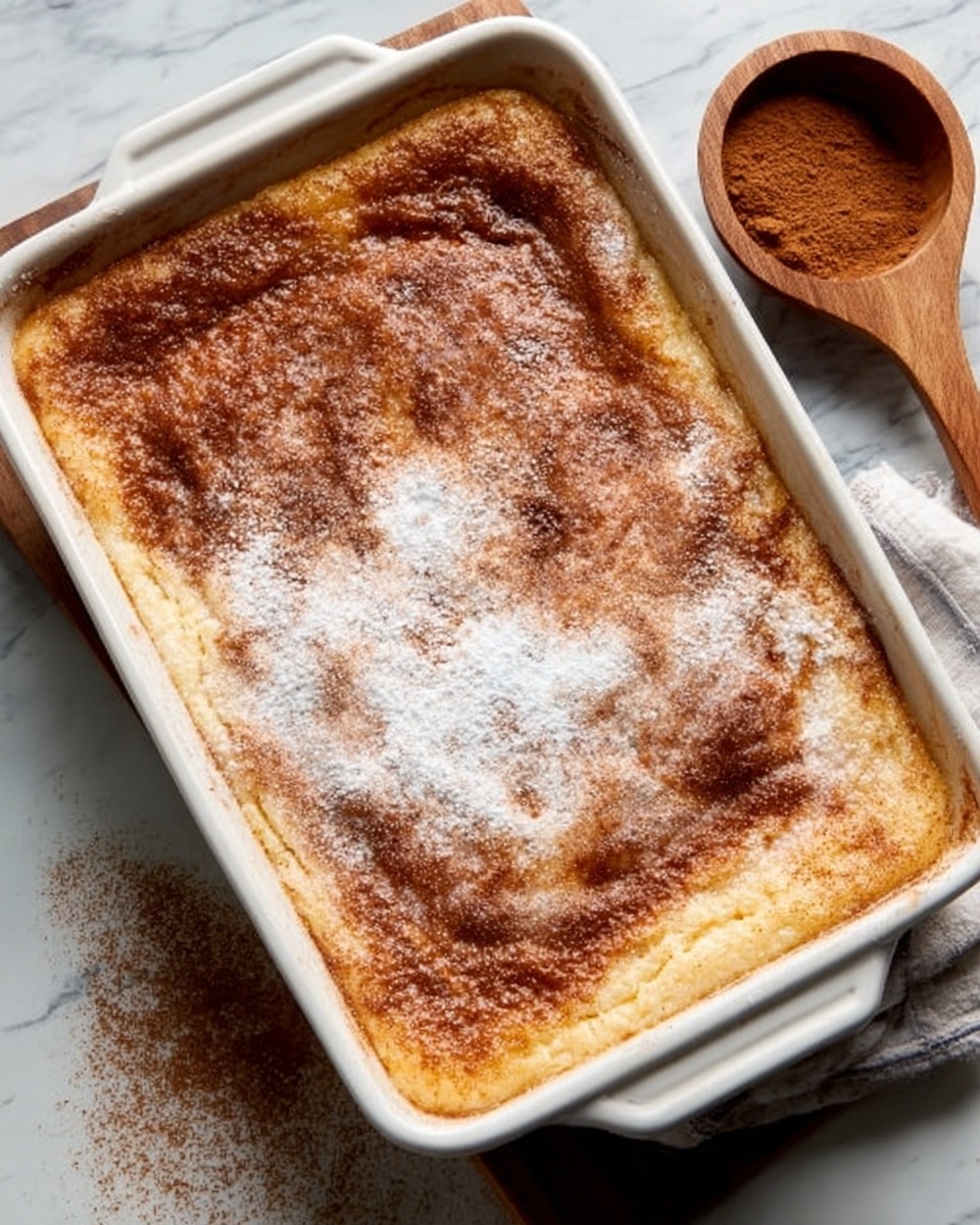 A rectangular white ceramic dish filled with a golden brown baked dessert topped with a thin layer of white powder and light brown cinnamon dust, creating a slightly uneven textured surface. The dessert edges are slightly raised and crisp while the center looks soft and fluffy. The dish sits on a white marbled surface next to a wooden bowl containing extra cinnamon powder. Photo taken with an iphone --ar 4:5 --v 7