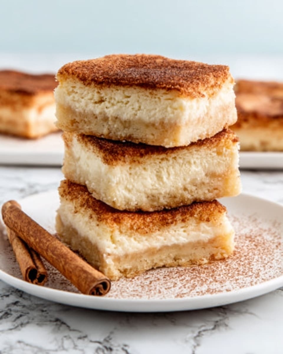 The image shows three square bars stacked on a white plate with two cinnamon sticks beside them. Each bar has three layers: the bottom is a light golden crust, the middle is a creamy pale filling, and the top is a slightly browned, crumbly layer with a dusting of cinnamon powder. The plate sits on a white marbled surface, and the background is soft and out of focus. Photo taken with an iphone --ar 4:5 --v 7