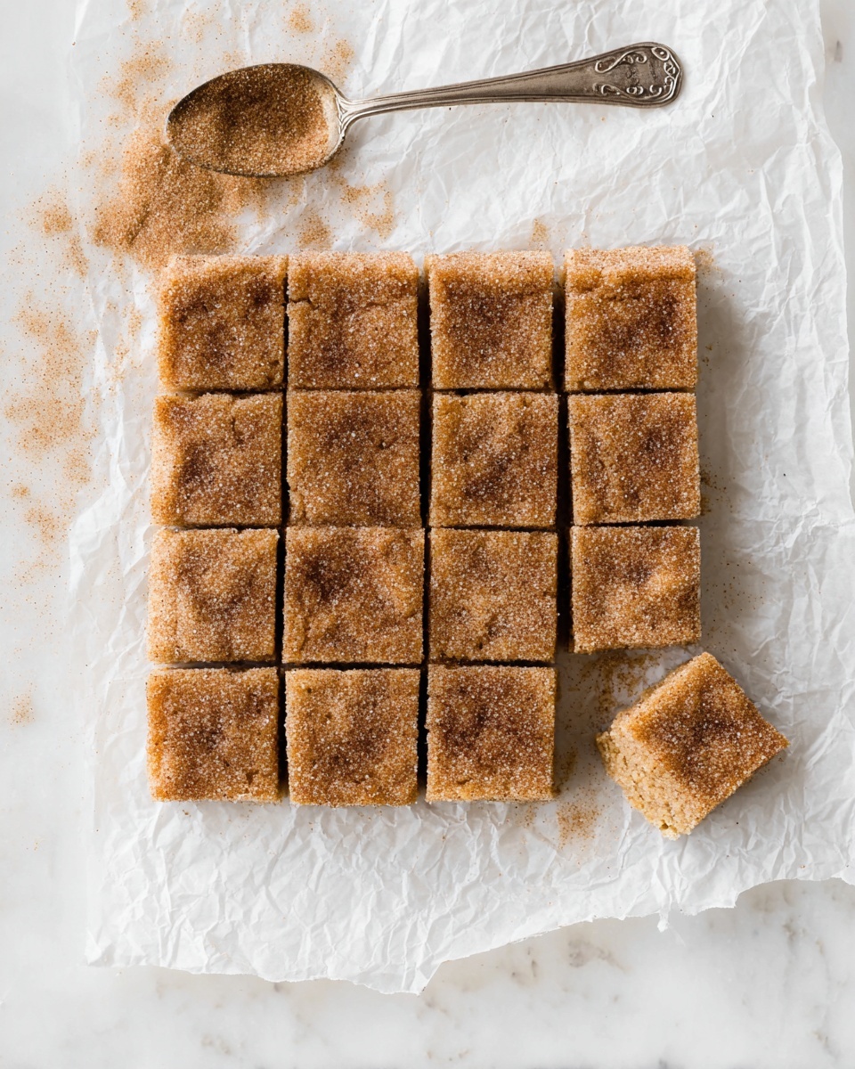 Cinnamon Sugar Blondies Recipe 5 The image shows a batch of 15 square cinnamon sugar bars arranged in a 3 by 5 grid on crinkled white parchment paper, placed over a white marbled surface. Each bar is light brown with a slightly rough texture, coated evenly with a mix of cinnamon and sugar, giving a speckled look of darker and lighter brown on the top. One bar is slightly separated from the group at the bottom right, showing a bit of its side which looks soft and moist. A vintage silver spoon with cinnamon powder rests to the top left corner, with some cinnamon powder spilled around it on the parchment. The overall look is warm and inviting, emphasizing the soft texture and the sugary cinnamon topping. photo taken with an iphone --ar 4:5 --v 7