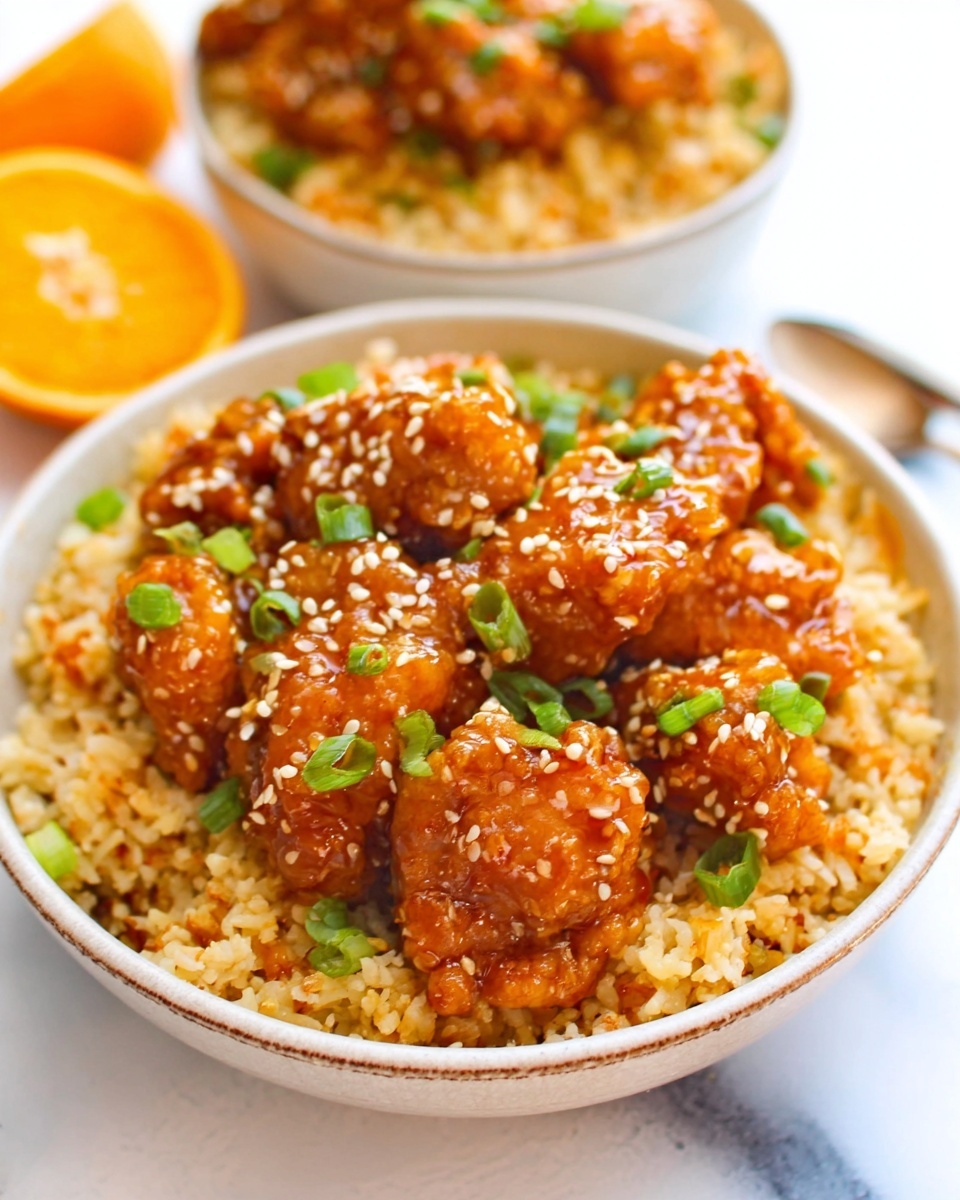 3 Ingredient Orange Chicken Recipe 5 The image shows a white bowl filled with several pieces of crispy, bright orange fried chicken bites covered in a sticky sauce. The chicken pieces have a rough, crunchy texture with some sesame seeds sprinkled on top. Small green chopped scallions are spread over the chicken, adding a touch of fresh green color. A woman's hand holding wooden chopsticks is picking up one piece, lifting it above the bowl. The background is a white marbled surface, creating a clean and bright setting. Photo taken with an iphone --ar 4:5 --v 7