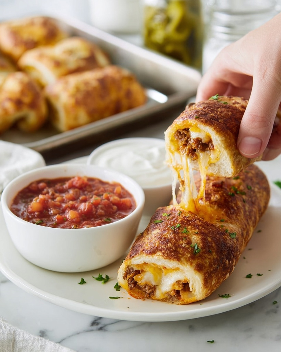 A white plate sits on a white marbled surface holding a large golden-brown baked roll with a crispy texture and small green herb flecks. Next to it is a white bowl filled with chunky red salsa. A woman's hand is dipping a smaller piece of the same baked roll, showing layers inside of melted yellow cheese and browned cooked meat, into the salsa. In the background, there are more rolls on a metal tray, a white bowl of smooth white sour cream, and a glass jar of green sliced jalapeños. photo taken with an iphone --ar 4:5 --v 7