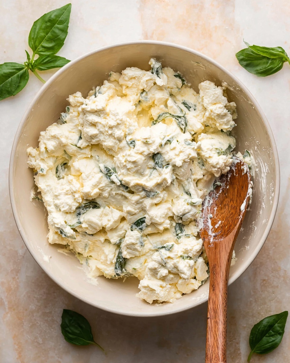 Caprese Dip with Roasted Cherry Tomatoes and Melty Cheese Recipe 4 A white bowl filled with a creamy mixture that has a thick, lumpy texture, showing chunks of pale cheese and small green leafy bits scattered throughout. The mixture is mixed unevenly, giving a sense of softness with some cheese pieces more prominent. A wooden spoon with a smooth handle leans inside the bowl, partially covered in the creamy mixture. The bowl sits on a white marbled surface, with a few fresh green basil leaves around it. Photo taken with an iphone --ar 4:5 --v 7