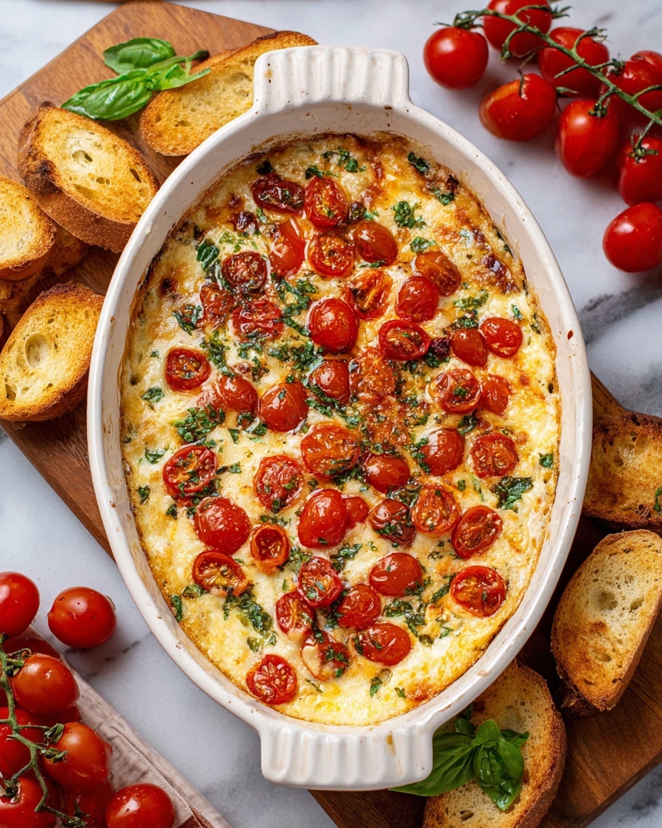 Caprese Dip with Roasted Cherry Tomatoes and Melty Cheese Recipe 5 A white oval baking dish filled with a creamy, bubbly cheesy layer at the bottom, topped with many halved bright red cherry tomatoes scattered evenly and fresh chopped green herbs spread over the top. Around the dish are golden brown toasted bread slices on a wooden board, with more cherry tomatoes on the vine and green basil leaves placed on a white marbled surface. The dish shows slight browning along the edges, adding a rustic look. Photo taken with an iphone --ar 4:5 --v 7