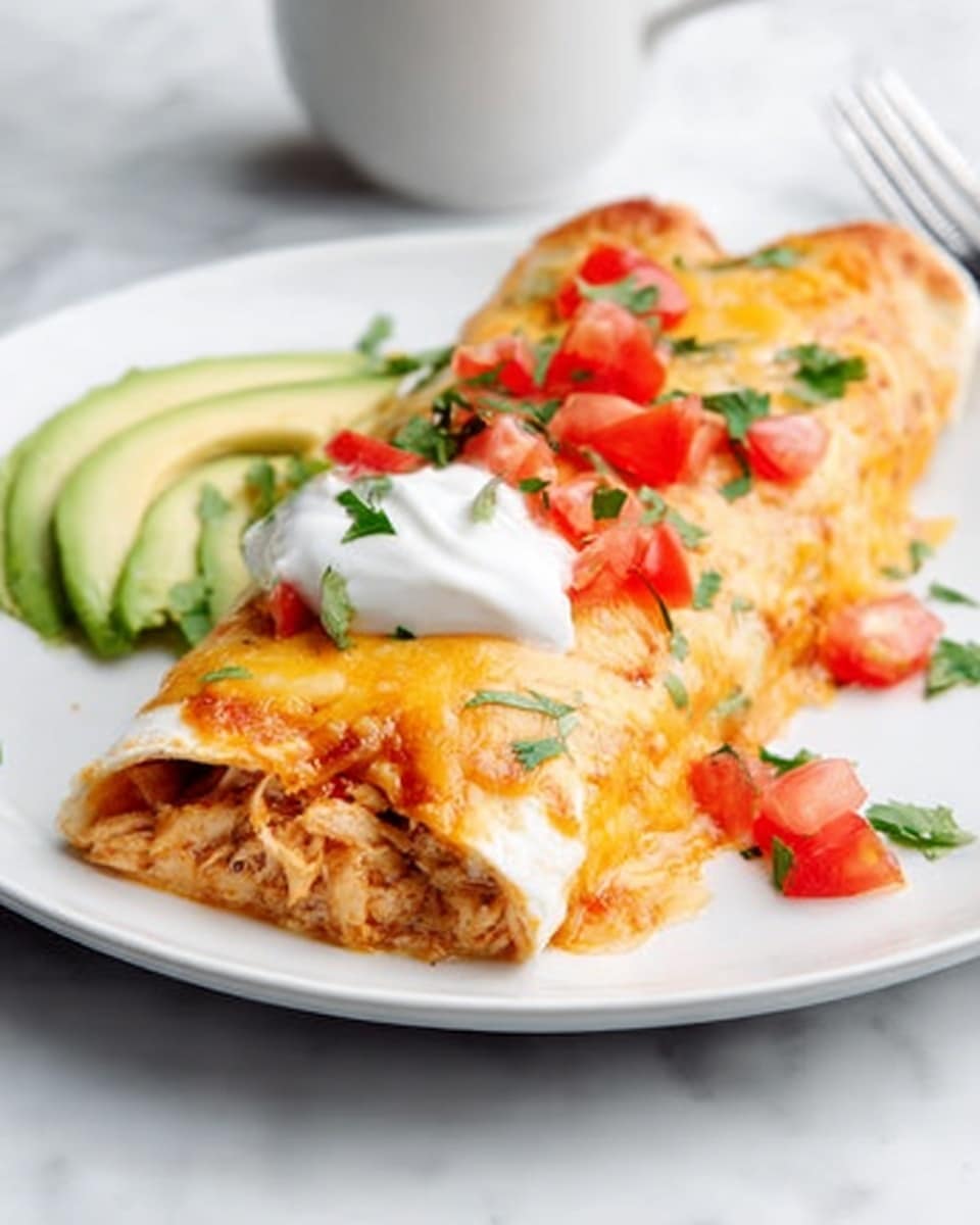 A white plate on a white marbled surface holds a neatly rolled enchilada with melted light orange cheese on top, garnished with pieces of red diced tomato and small green cilantro leaves. On one side of the enchilada, there are thin slices of light green avocado, and a dollop of white sour cream sits on top near the avocado. The enchilada filling appears to be light brown with some orange tint, visible at the open edges. The background shows a blurry white cup. Photo taken with an iphone --ar 4:5 --v 7
