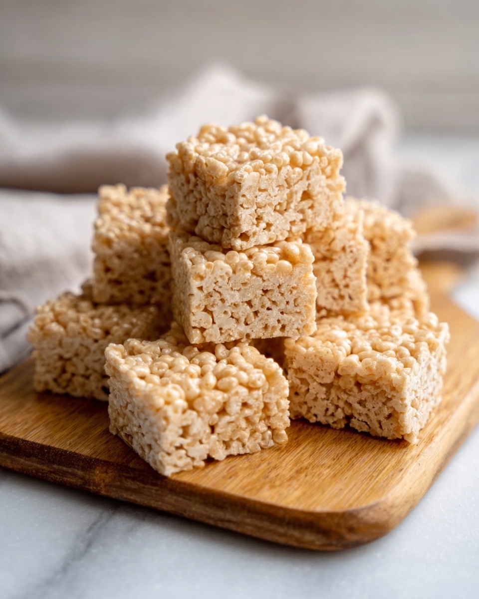 The image shows a stack of several square-shaped crispy rice treats arranged on a wooden board. Each treat has a light golden color with a slightly bumpy texture from the puffed rice cereal. The treats are layered closely together, forming a small pile with some squares leaning on each other. The background consists of a white marbled surface with a soft napkin blurred out in the back. photo taken with an iphone --ar 4:5 --v 7